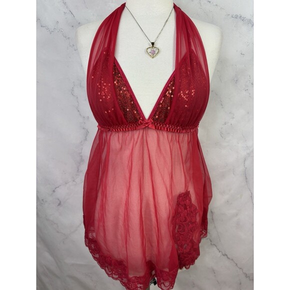 Vtg Fredericks Of Hollywood Red Babydoll Nightie Dress sz M Lingerie Mesh Gothic - Picture 14 of 15